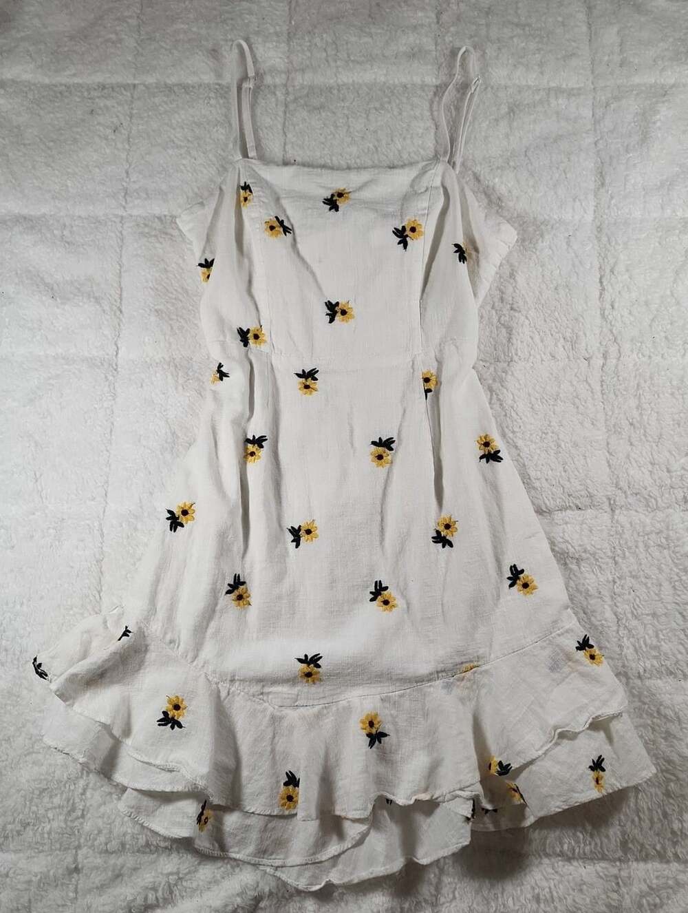 Polly Sun Dress Size US 2 White Sunflower Embroidered Mini Ruffle